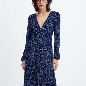 Mango Blue A-Line Wrap Dress with Bishop Sleeves